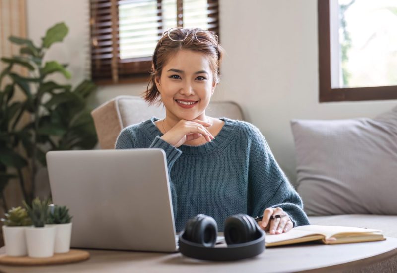 Asian girl student online learning class study online video call zoom teacher, Happy asian girl learn english language online with computer laptop...